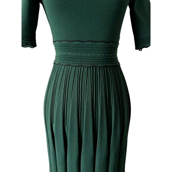 Ted Baker Forest Green Knit Skater Dress XS – Sculpted Pleats, Scallop Trim - Picture 2 of 6